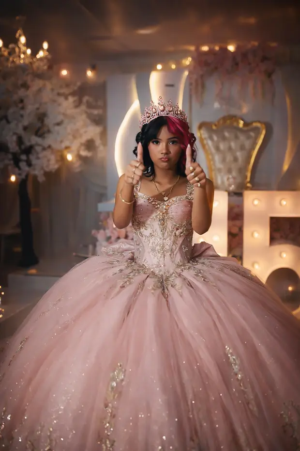 Vertical quinceanera portrait with a soft editorial style.